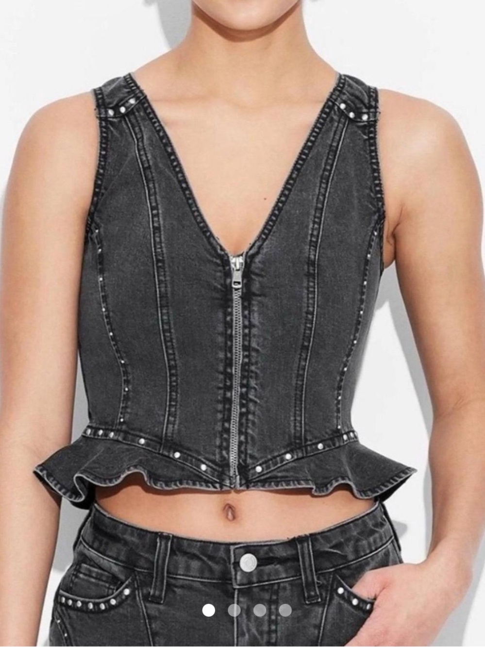 wild fable Black Denim Zip Peplum Crop Denim Vest with Stud Accents